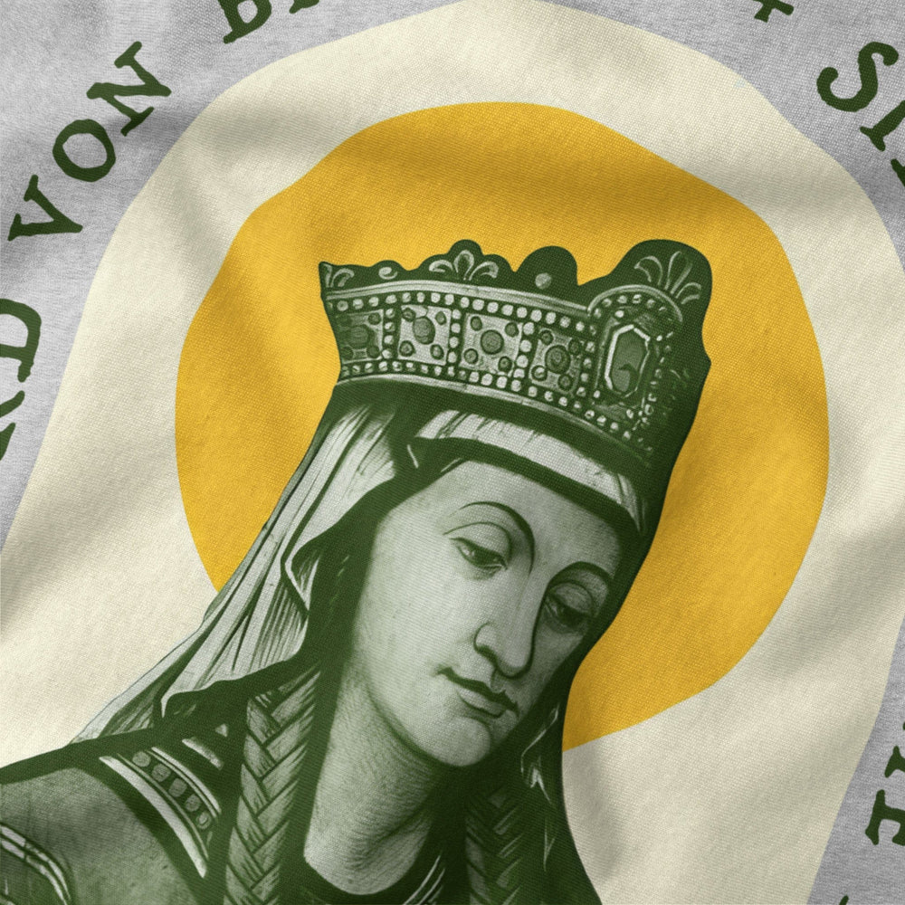 hildegard von bingen: sibyl of the rhine classic tee in athletic heather, close-up of the print