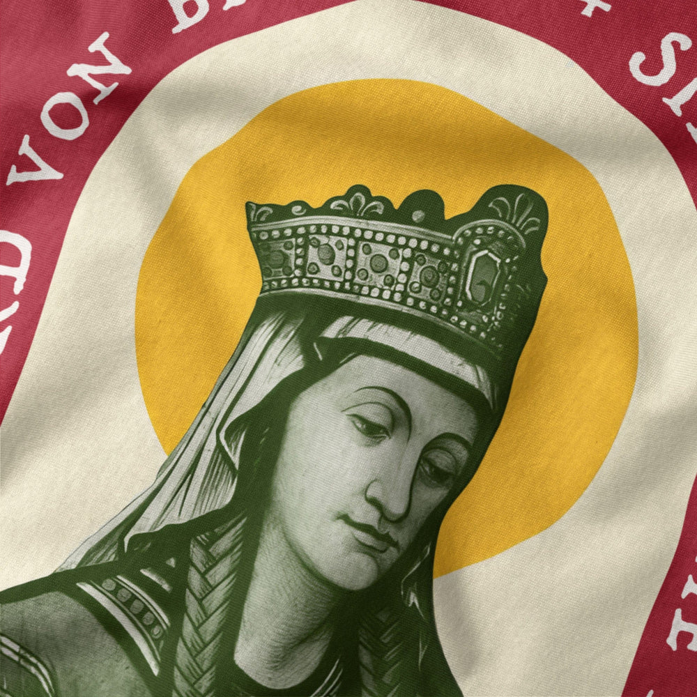 hildegard von bingen: sibyl of the rhine classic tee in canvas red, close-up of the print