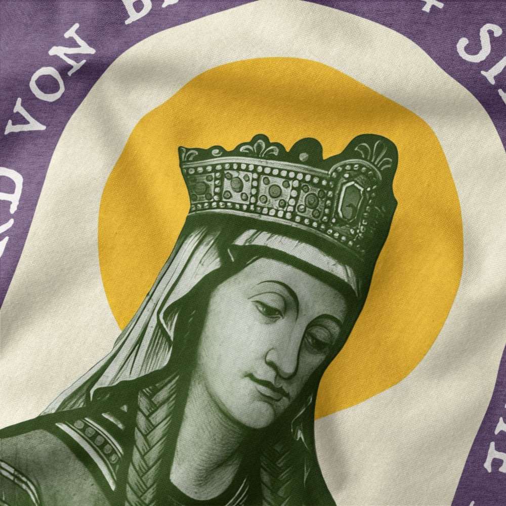 hildegard von bingen: sibyl of the rhine classic tee in heather team purple, close-up of the print