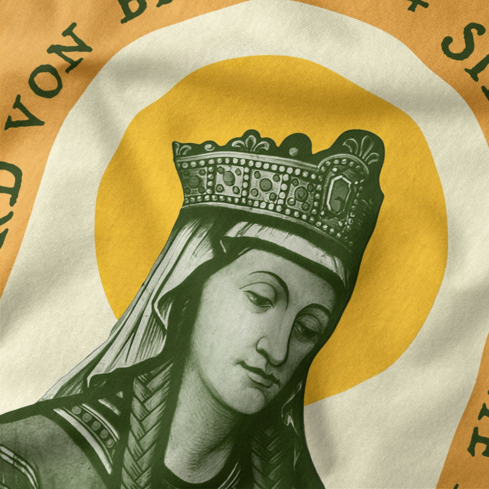 hildegard von bingen: sibyl of the rhine classic tee in mustard, close-up of the print