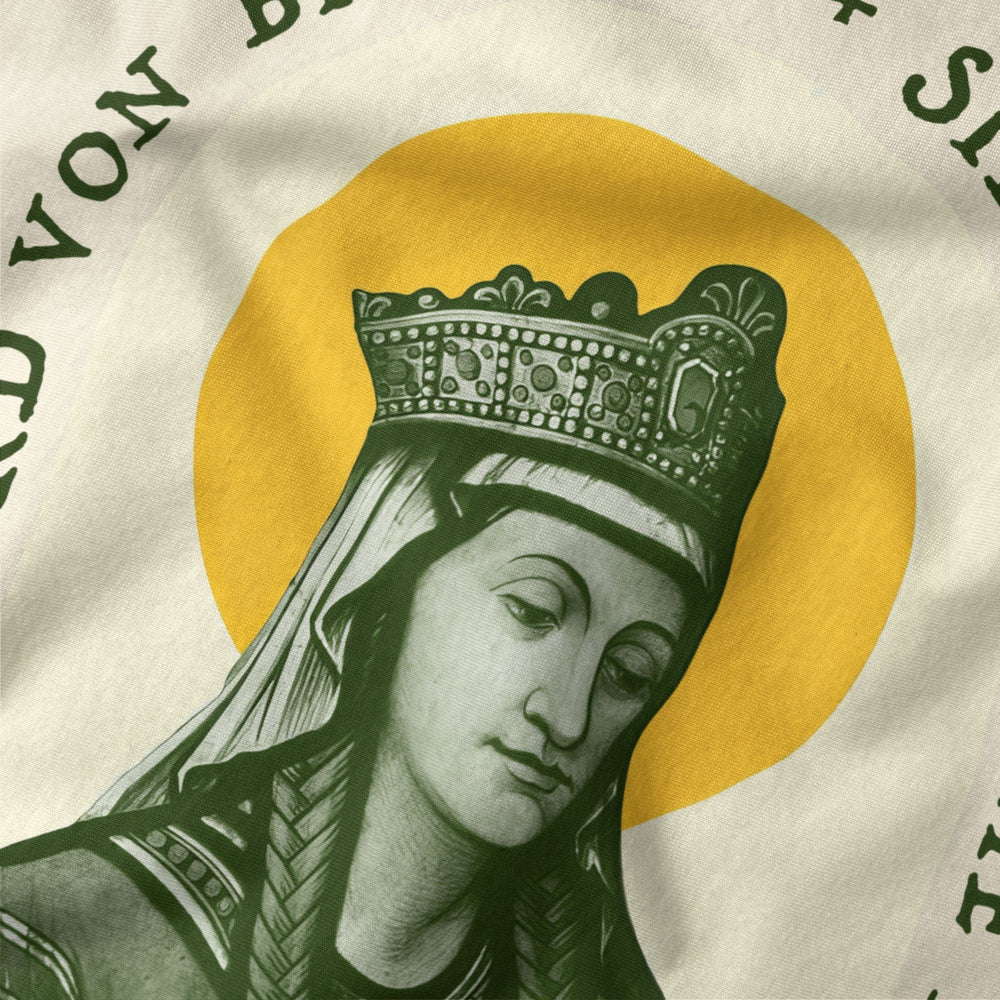 hildegard von bingen: sibyl of the rhine classic tee in natural, close-up of the print
