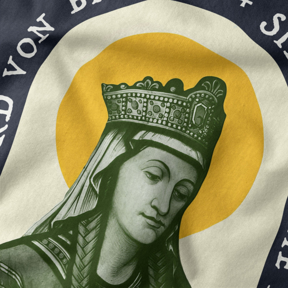 hildegard von bingen: sibyl of the rhine classic tee in navy, close-up of the print