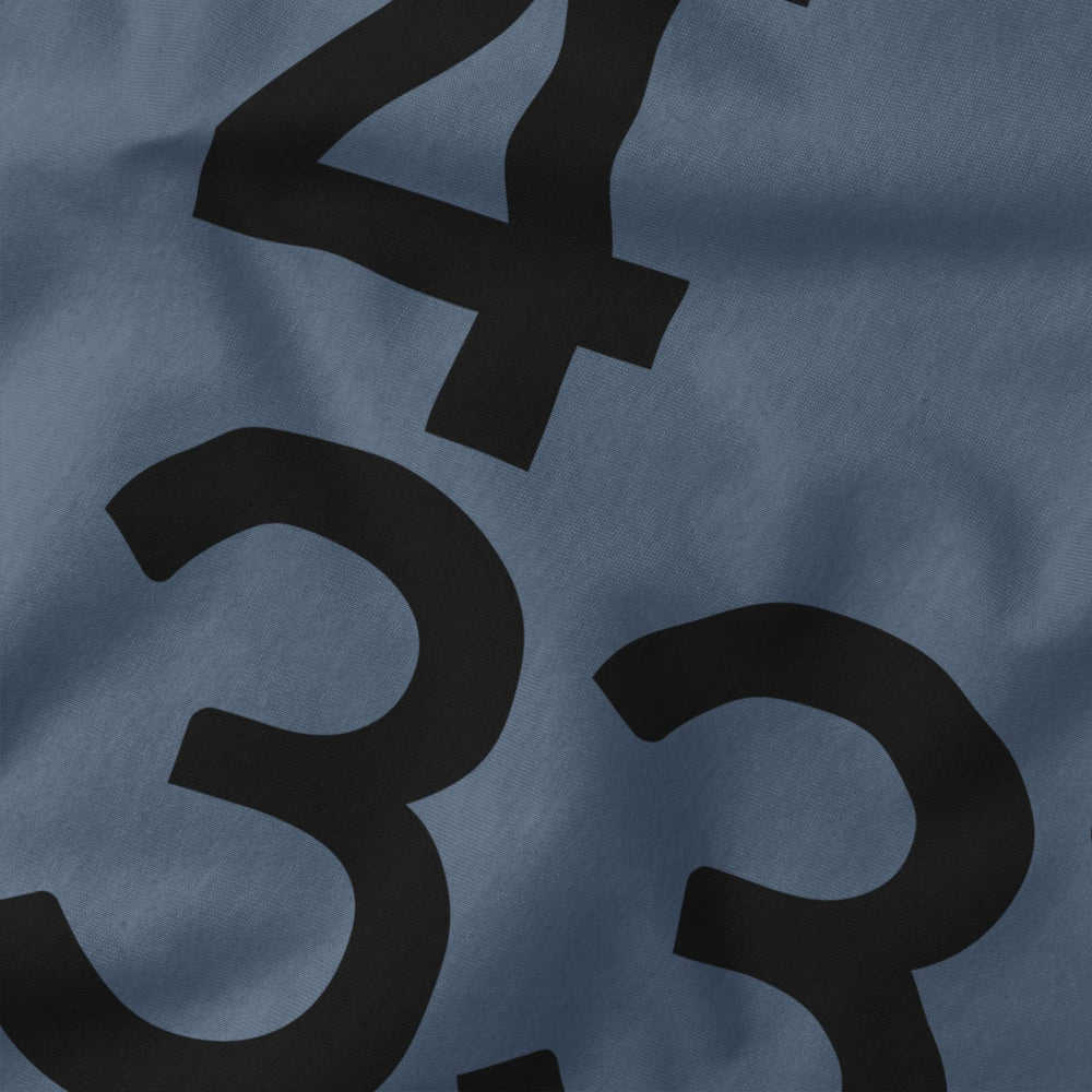 john cage: 4'33" classic tee in steel blue, close-up of the print