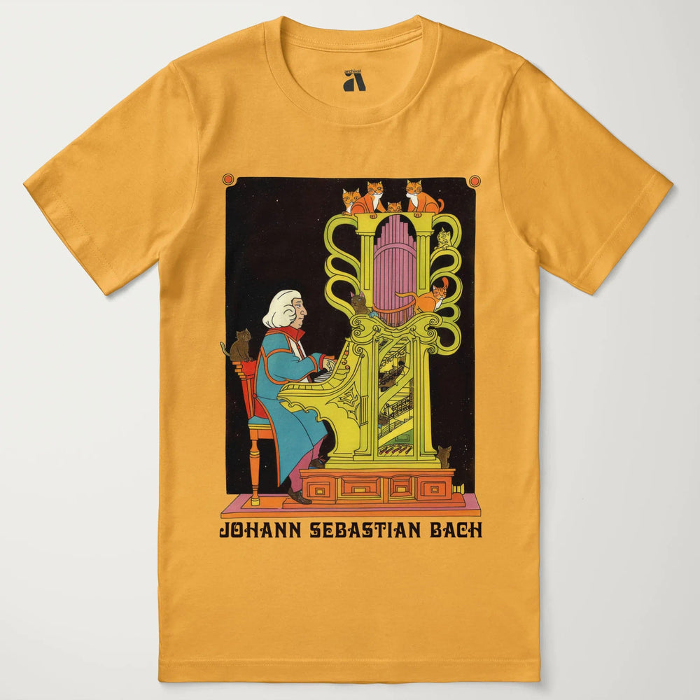 bach: organ cats classic tee in mustard, laid flat