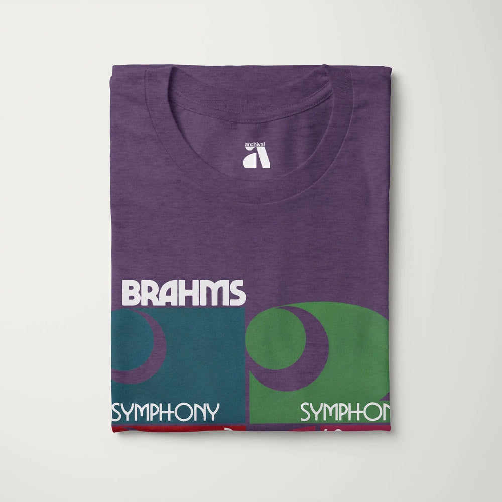 brahms: four symphonies classic tee in heather team purple, folded
