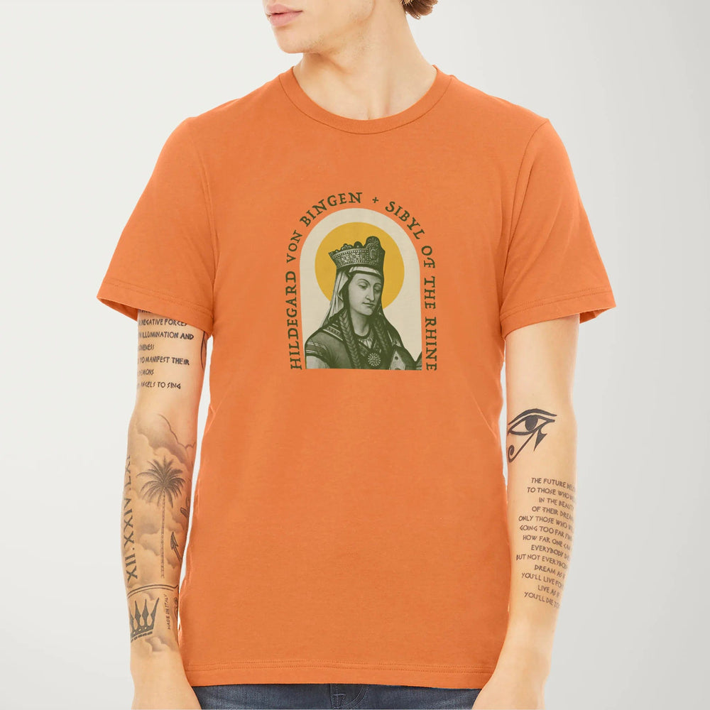 hildegard von bingen: sibyl of the rhine classic tee in burnt orange, worn