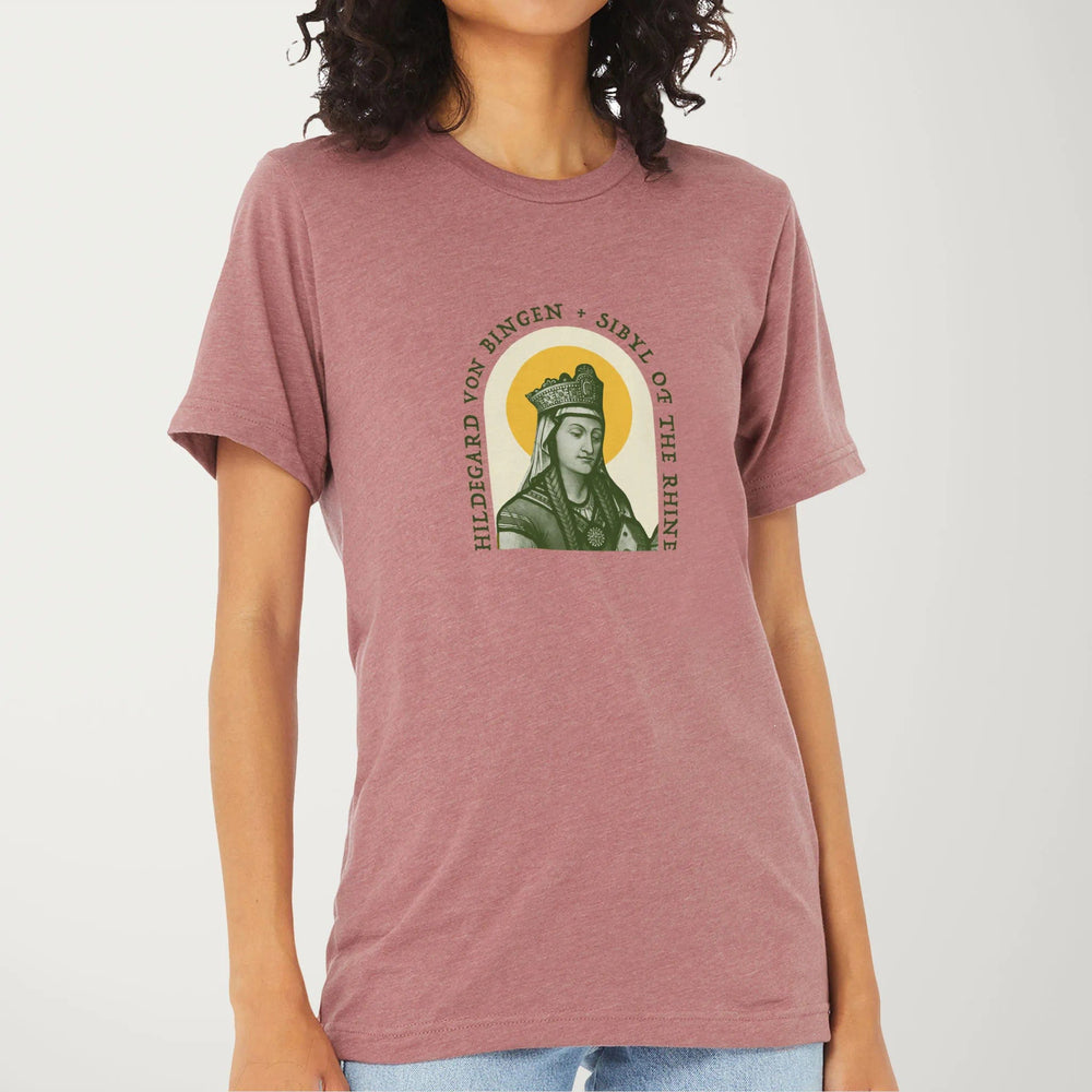 hildegard von bingen: sibyl of the rhine classic tee in heather mauve, worn
