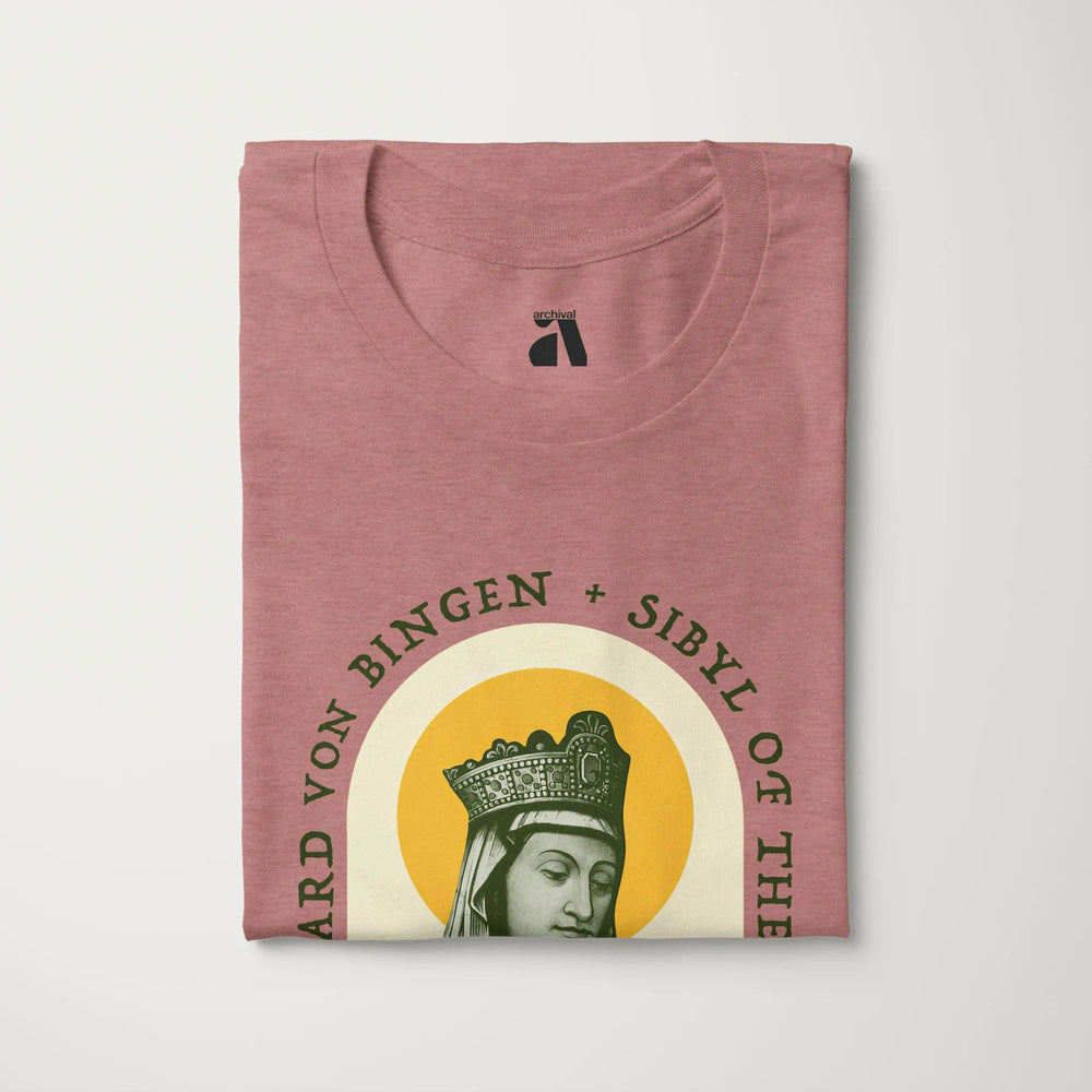 hildegard von bingen: sibyl of the rhine classic tee in heather mauve, folded