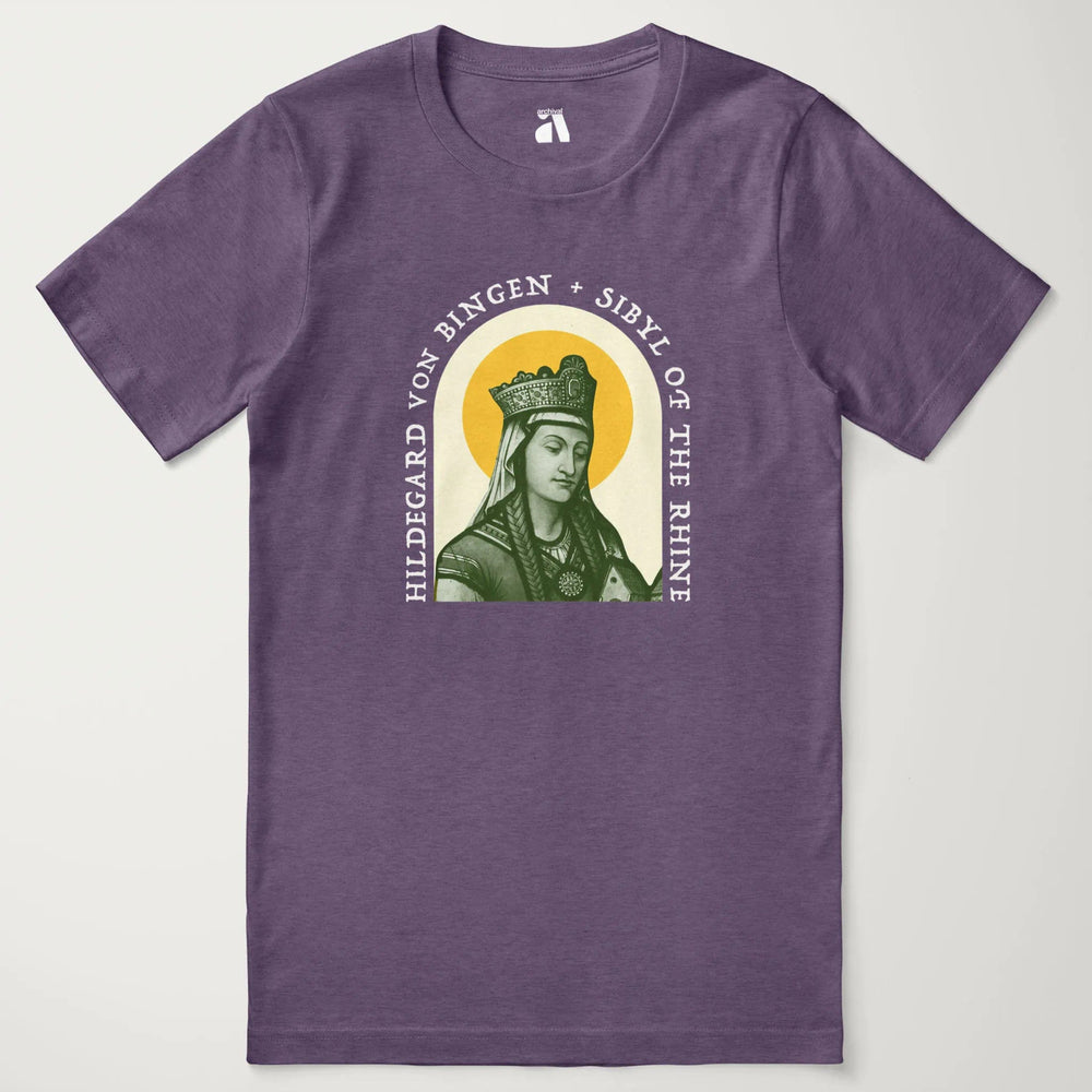 hildegard von bingen: sibyl of the rhine classic tee in heather team purple, laid flat