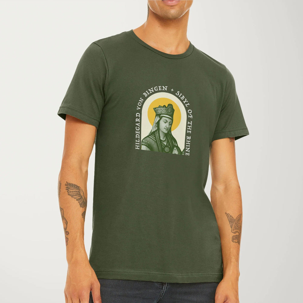hildegard von bingen: sibyl of the rhine classic tee in military green, worn