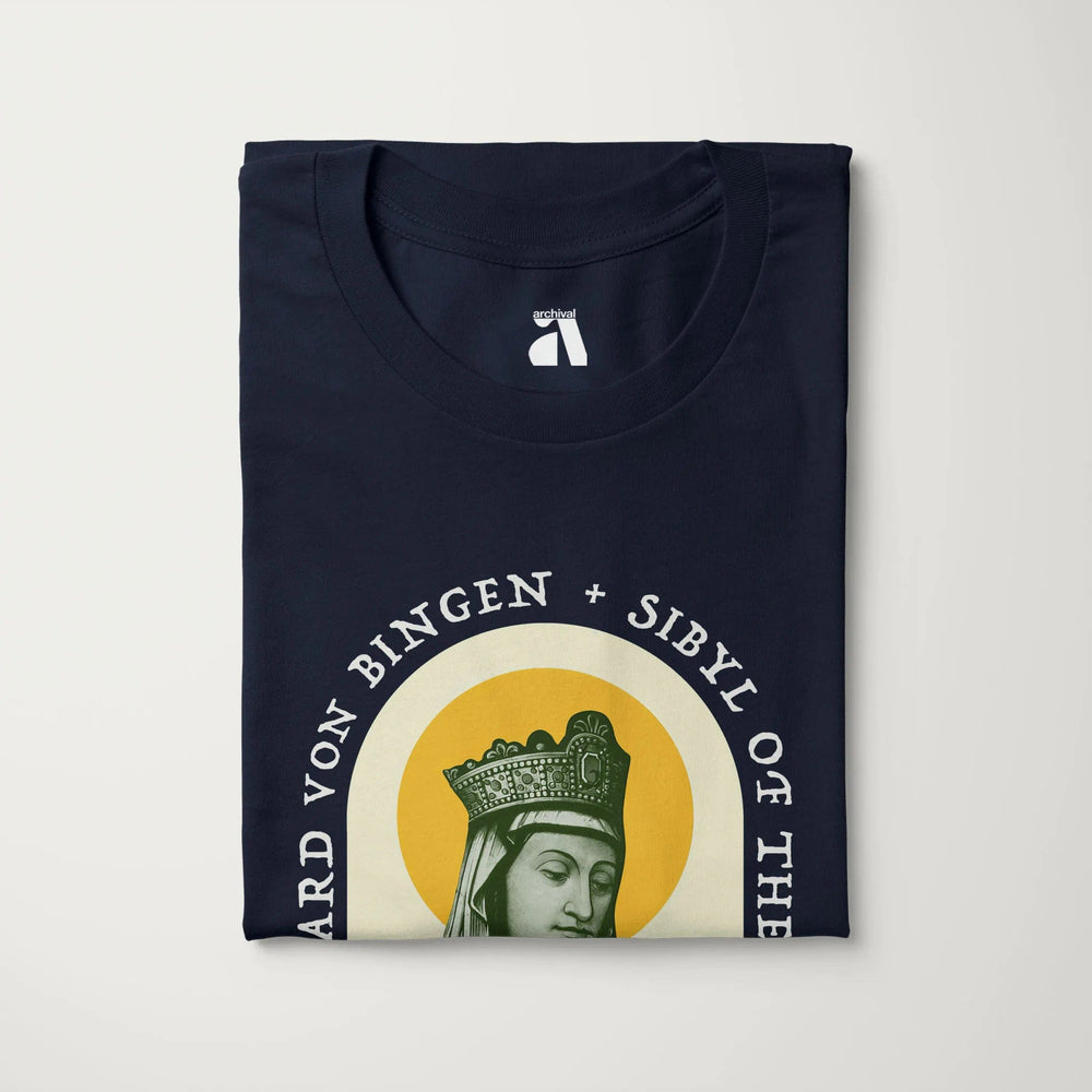 hildegard von bingen: sibyl of the rhine classic tee in navy, folded