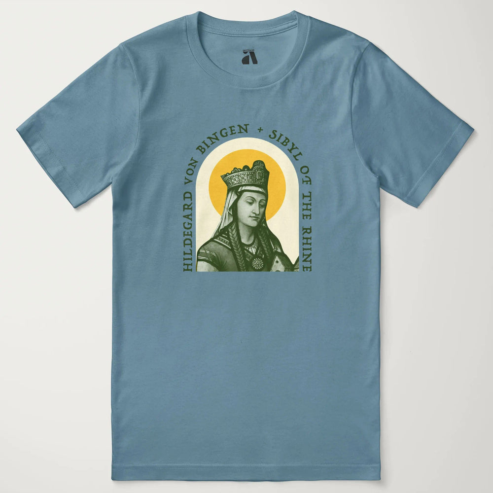 hildegard von bingen: sibyl of the rhine classic tee in steel blue, laid flat