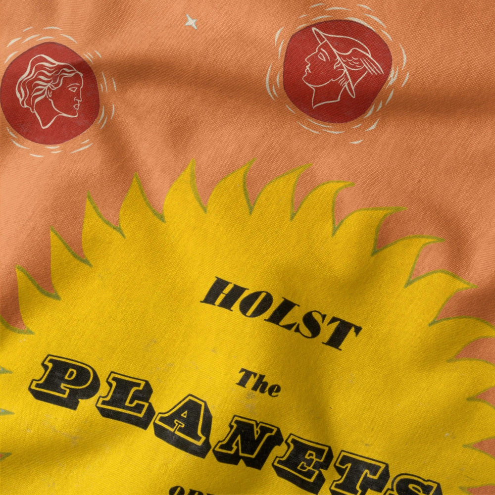 gustav holst: the planets classic tee in burnt orange, close-up of the print
