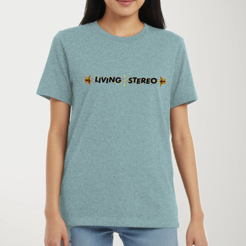 Living Stereo Classic Tee in Heather Blue Lagoon, model