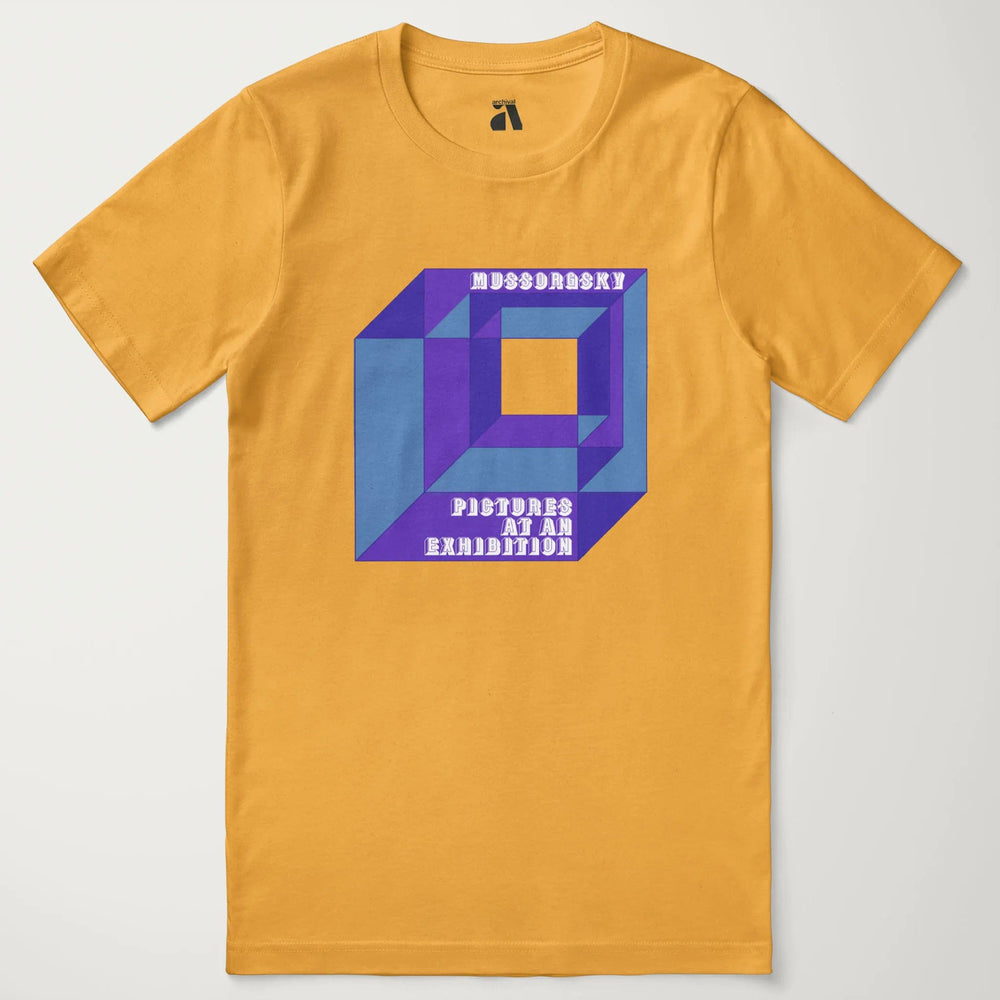 mussorgsky: pictures at an exhibition classic tee in mustard, laid flat