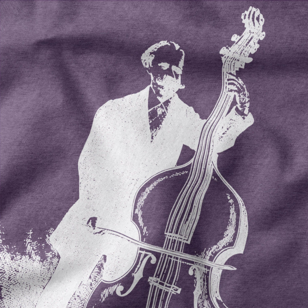 f. simandl: new method bass classic tee in heather team purple, close-up of the print