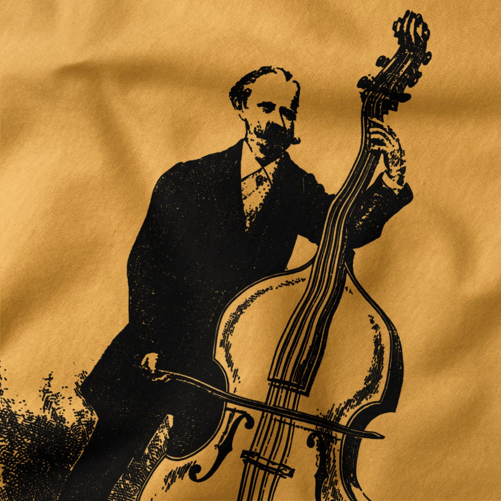 f. simandl: new method bass classic tee in mustard, close-up of the print