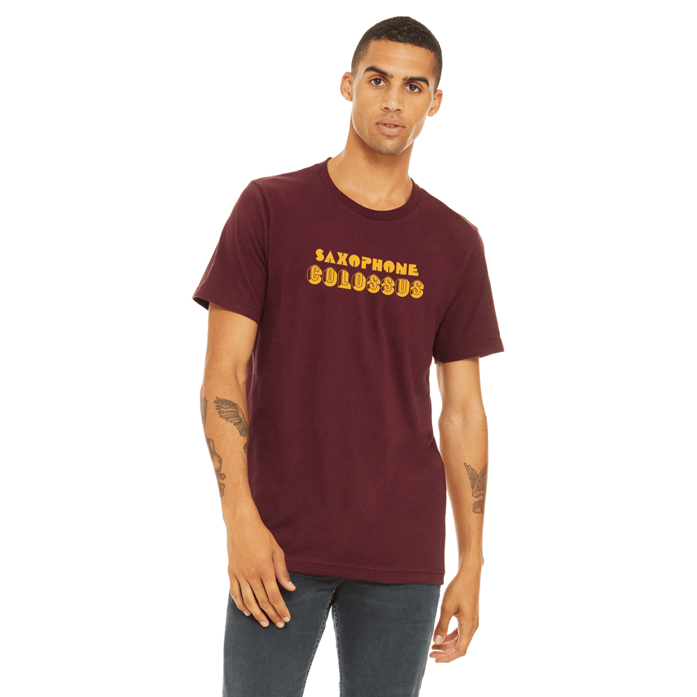 saxophone colossus classic tee in maroon, worn