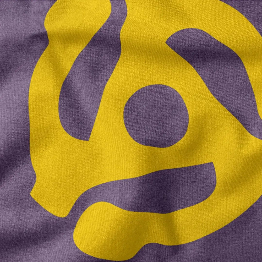 45rpm adapter classic tee in heather team purple, close-up of the print