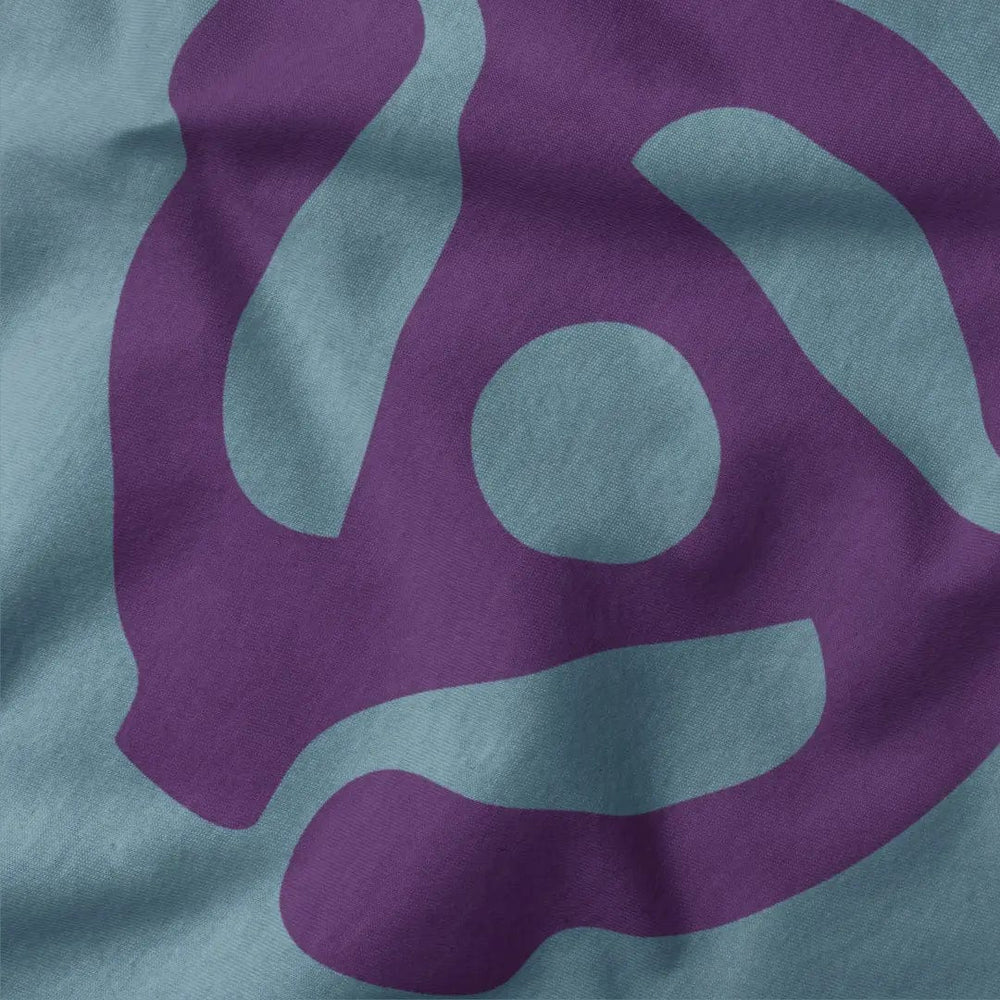 45rpm adapter classic tee in steel blue, close-up of the print