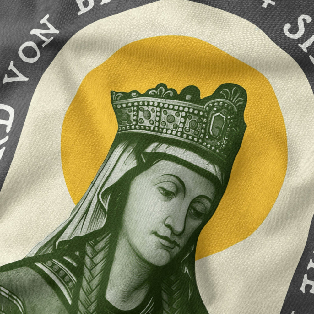 hildegard von bingen: sibyl of the rhine classic tee in asphalt, close-up of the print