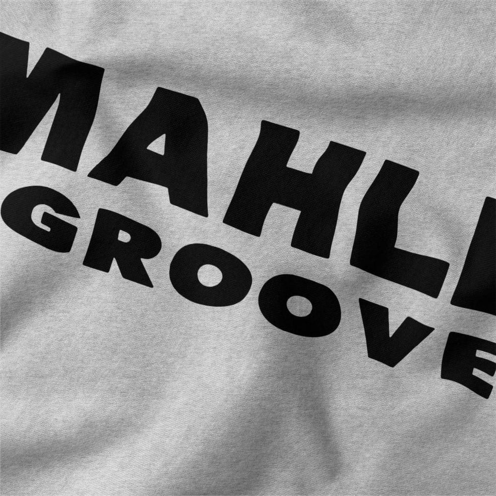 mahler grooves classic tee in athletic heather, close-up of the print