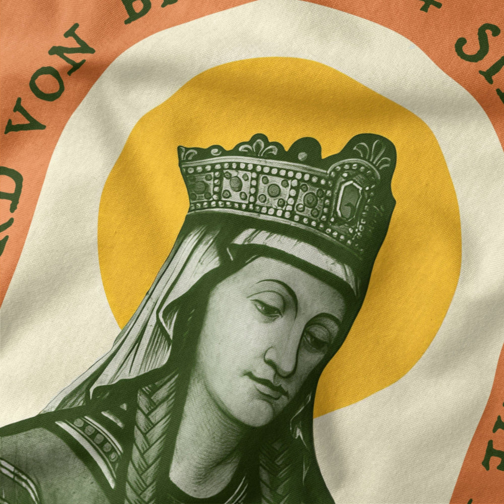 hildegard von bingen: sibyl of the rhine classic tee in burnt orange, close-up of the print