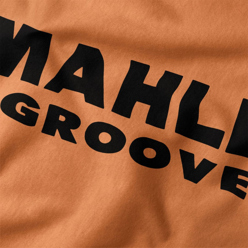mahler grooves classic tee in burnt orange, close-up of the print