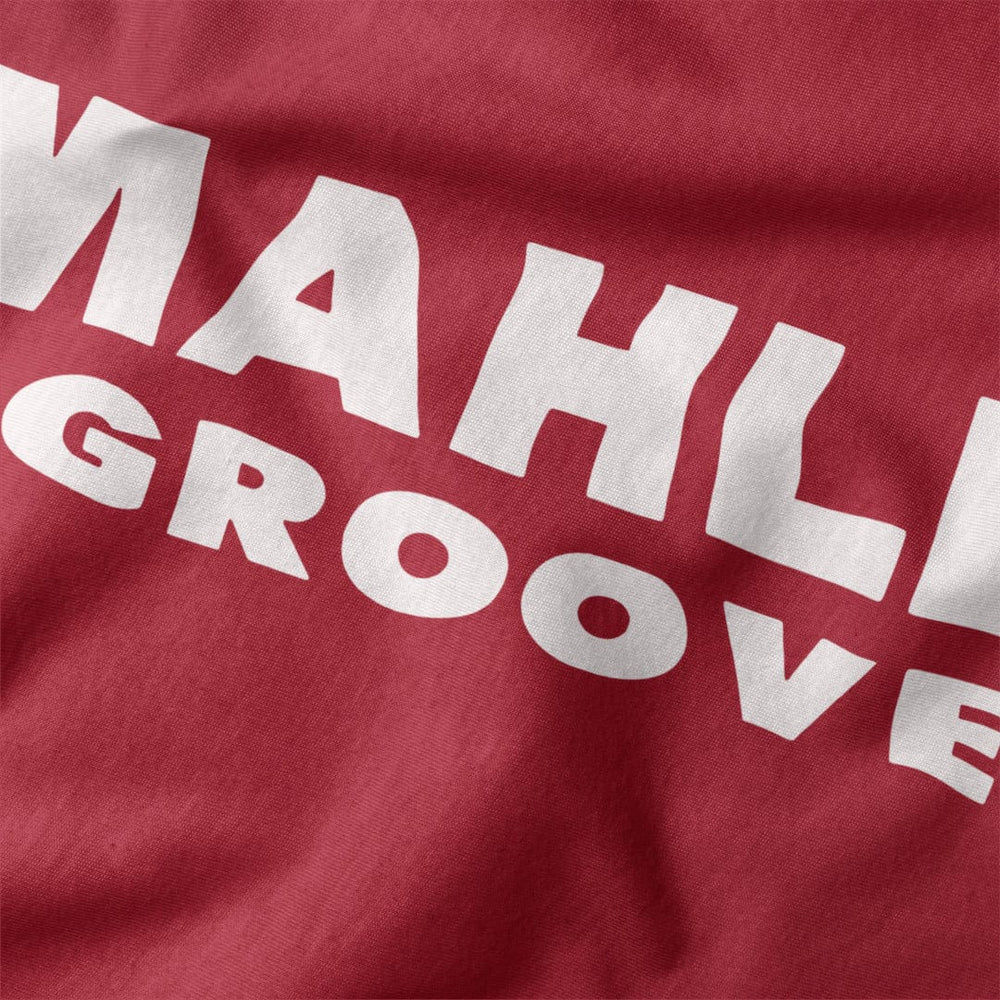 mahler grooves classic tee in canvas red, close-up of the print