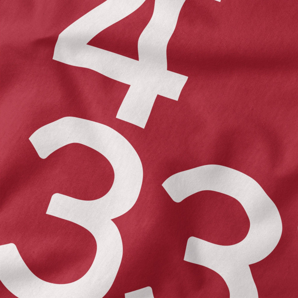 john cage: 4'33" classic tee in canvas red, close-up of the print