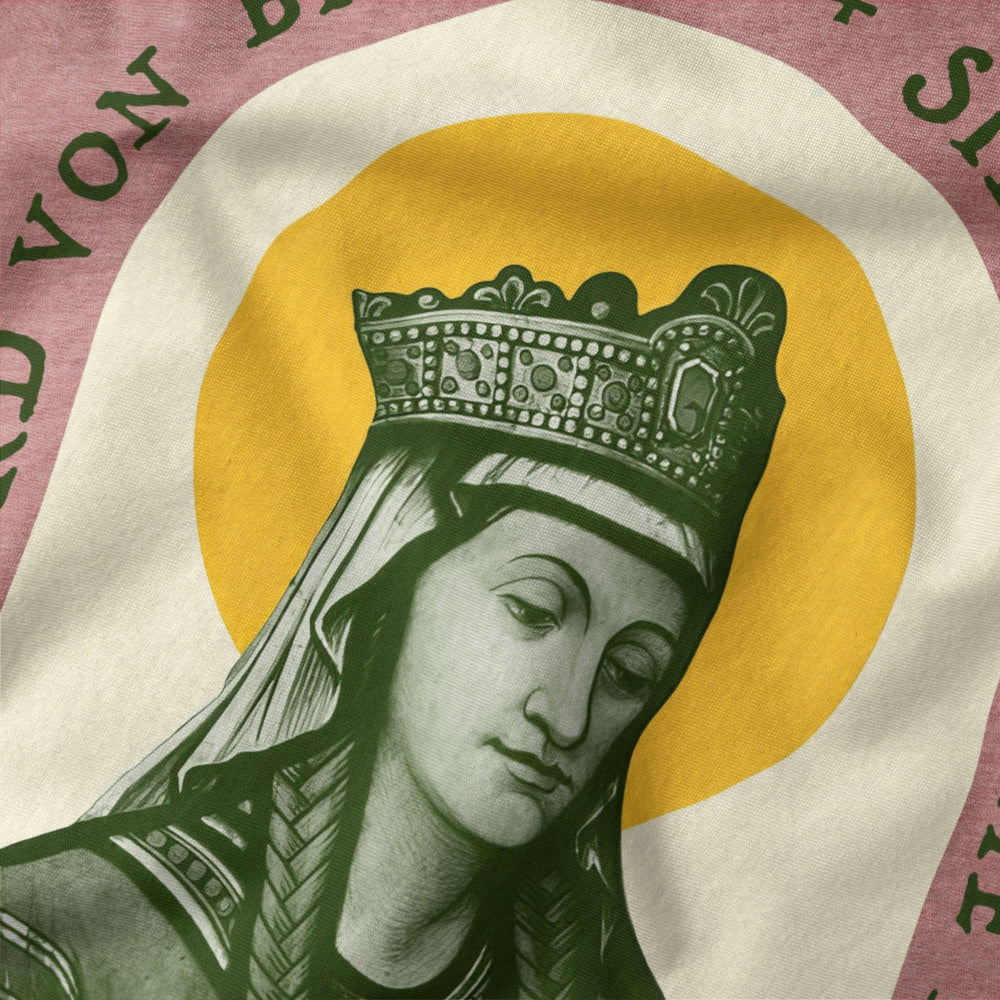 hildegard von bingen: sibyl of the rhine classic tee in heather mauve, close-up of the print