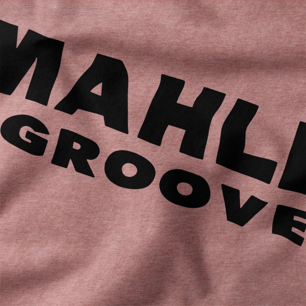 mahler grooves classic tee in heather mauve, close-up of the print