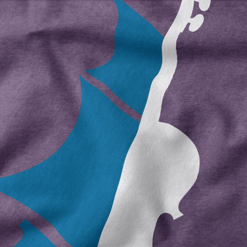 sea of song classic tee in heather team purple, close-up of the print