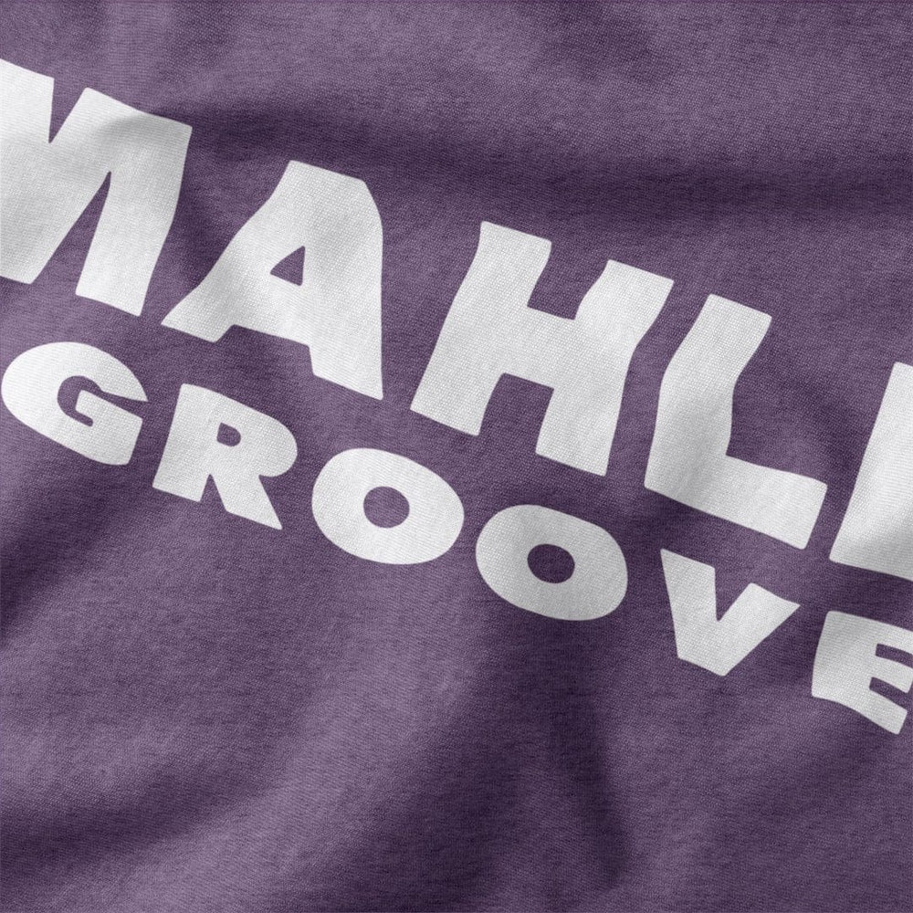 mahler grooves classic tee in heather team purple, close-up of the print
