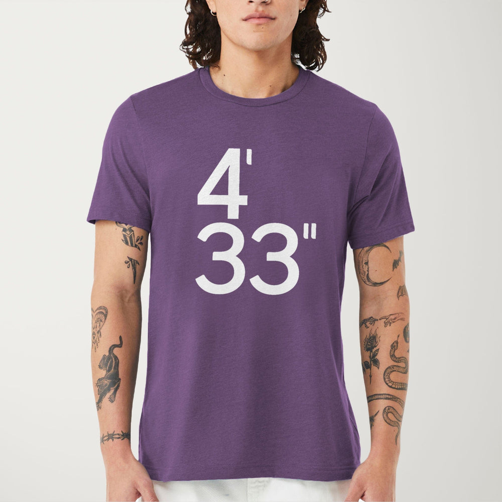 john cage: 4'33" classic tee in heather team purple, worn