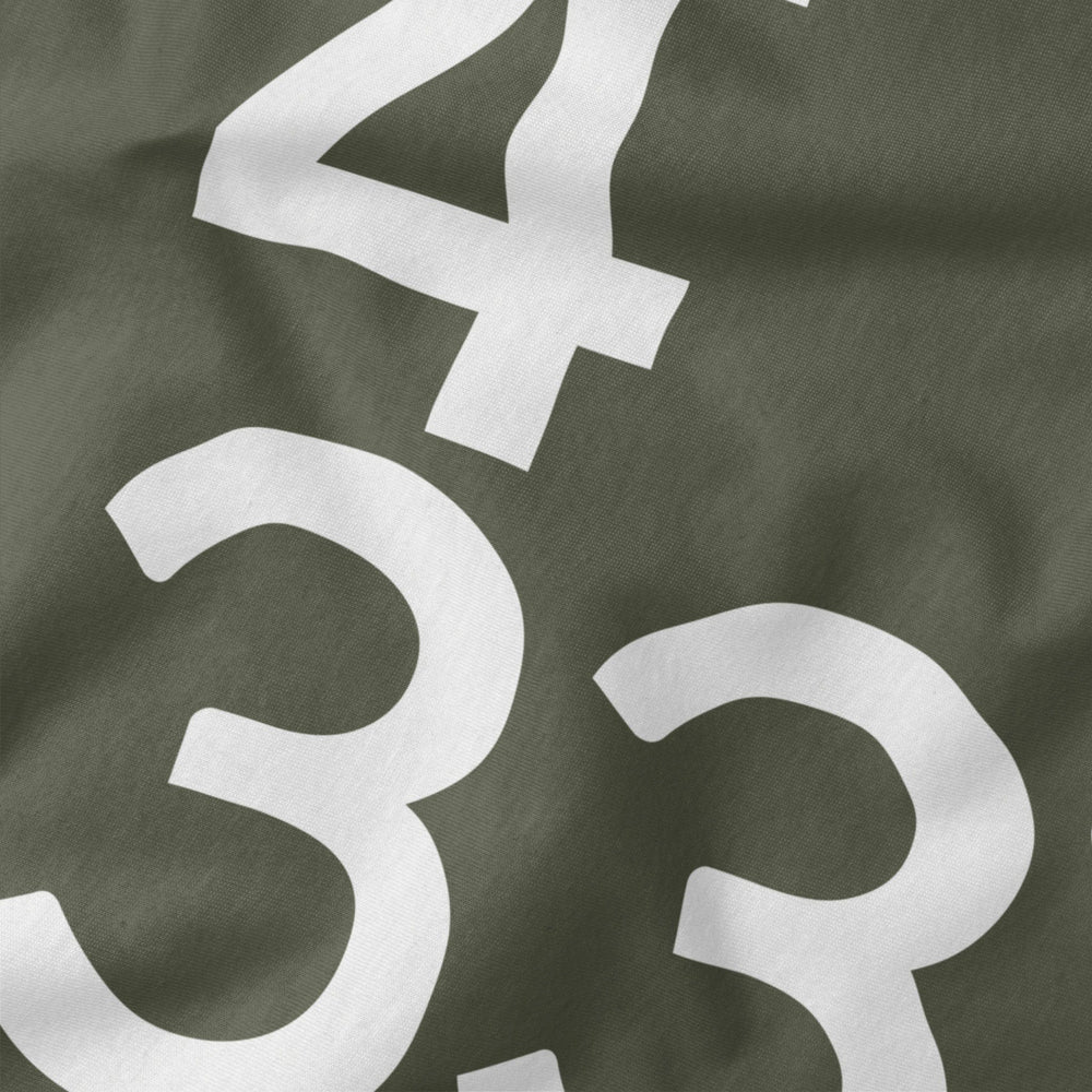 john cage: 4'33" classic tee in military green, close-up of the print