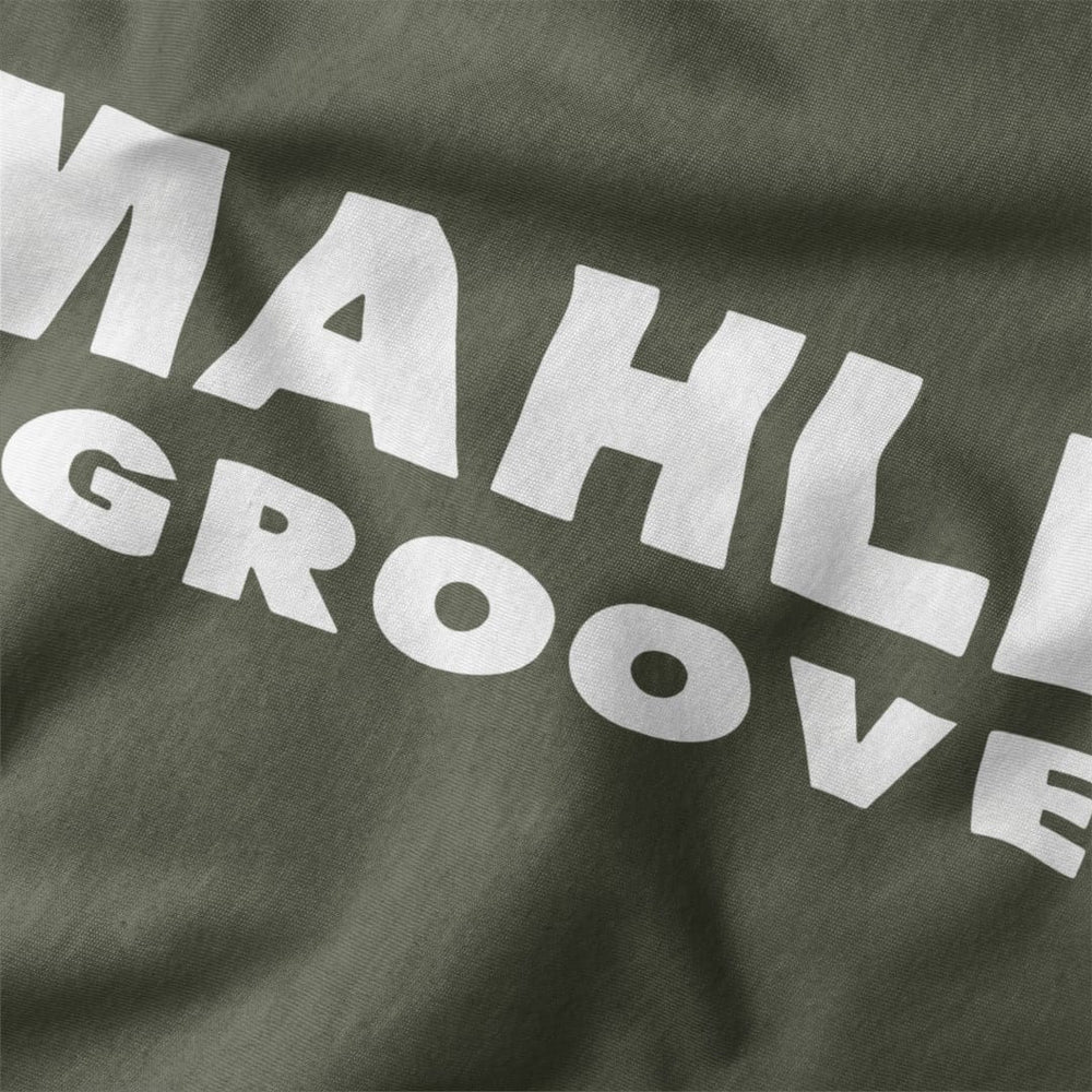mahler grooves classic tee in military green, close-up of the print