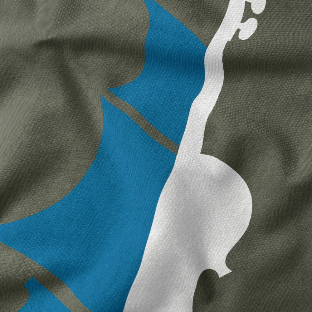 sea of song classic tee in military green, close-up of the print