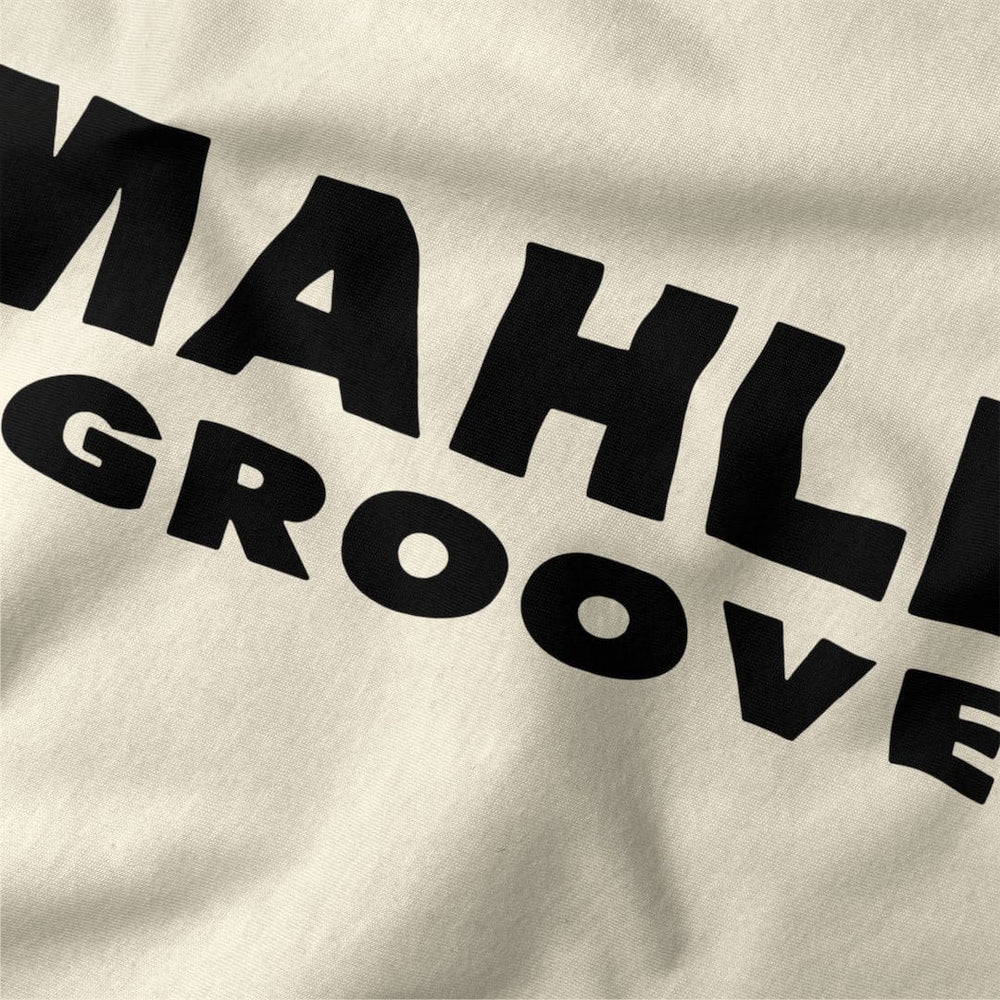 mahler grooves classic tee in natural, close-up of the print