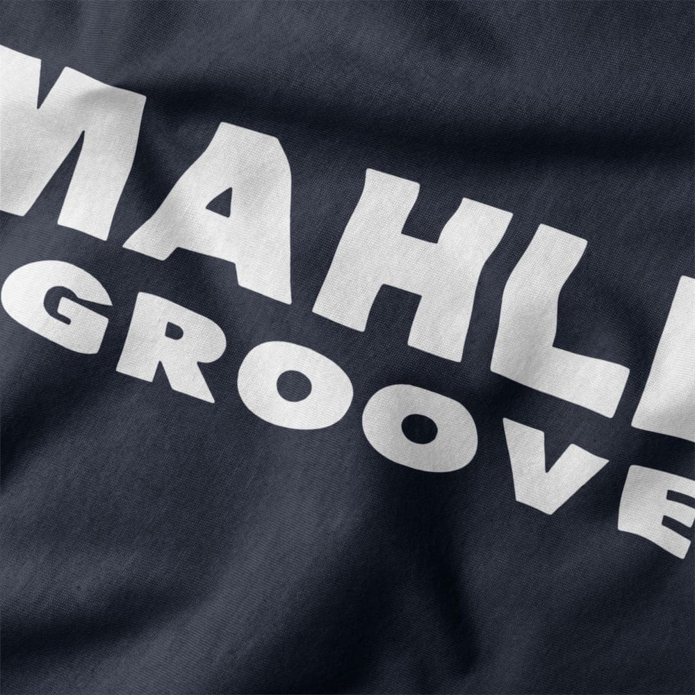 mahler grooves classic tee in navy, close-up of the print