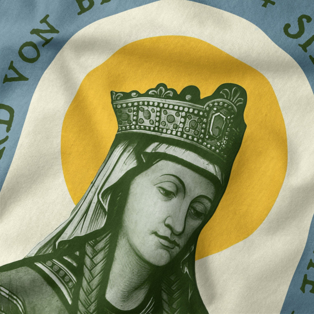 hildegard von bingen: sibyl of the rhine classic tee in steel blue, close-up of the print