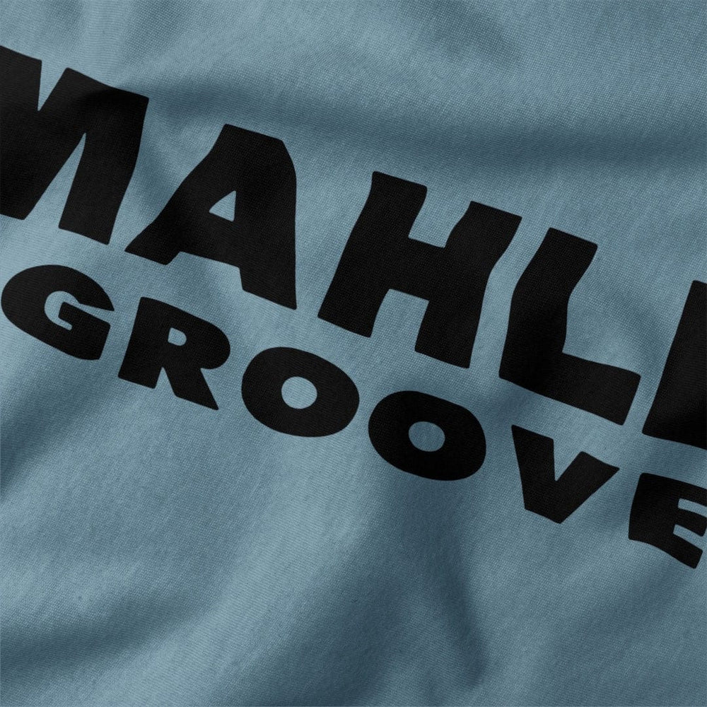 mahler grooves classic tee in steel blue, close-up of the print