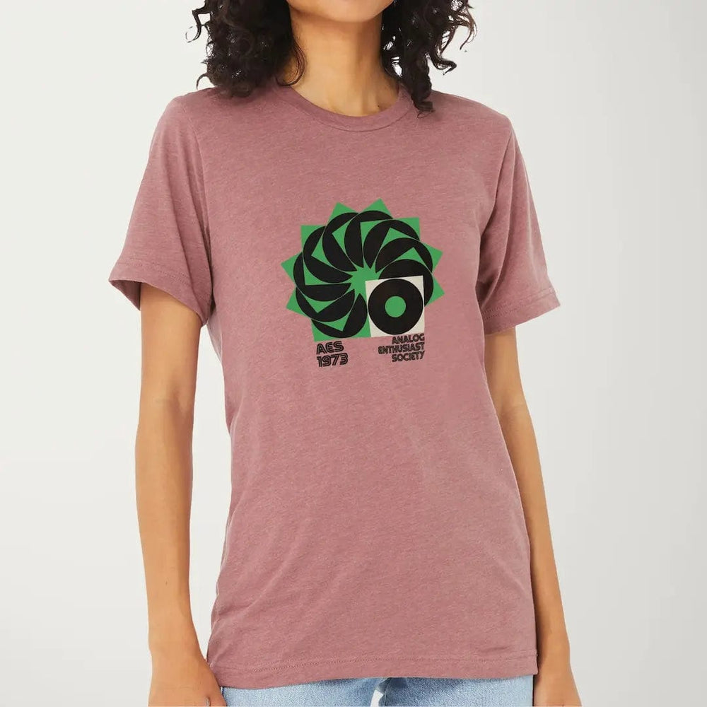 analog enthusiast society classic tee in heather mauve, worn