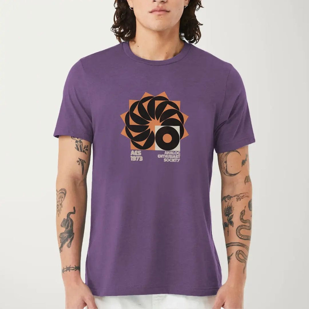analog enthusiast society classic tee in heather team purple, worn