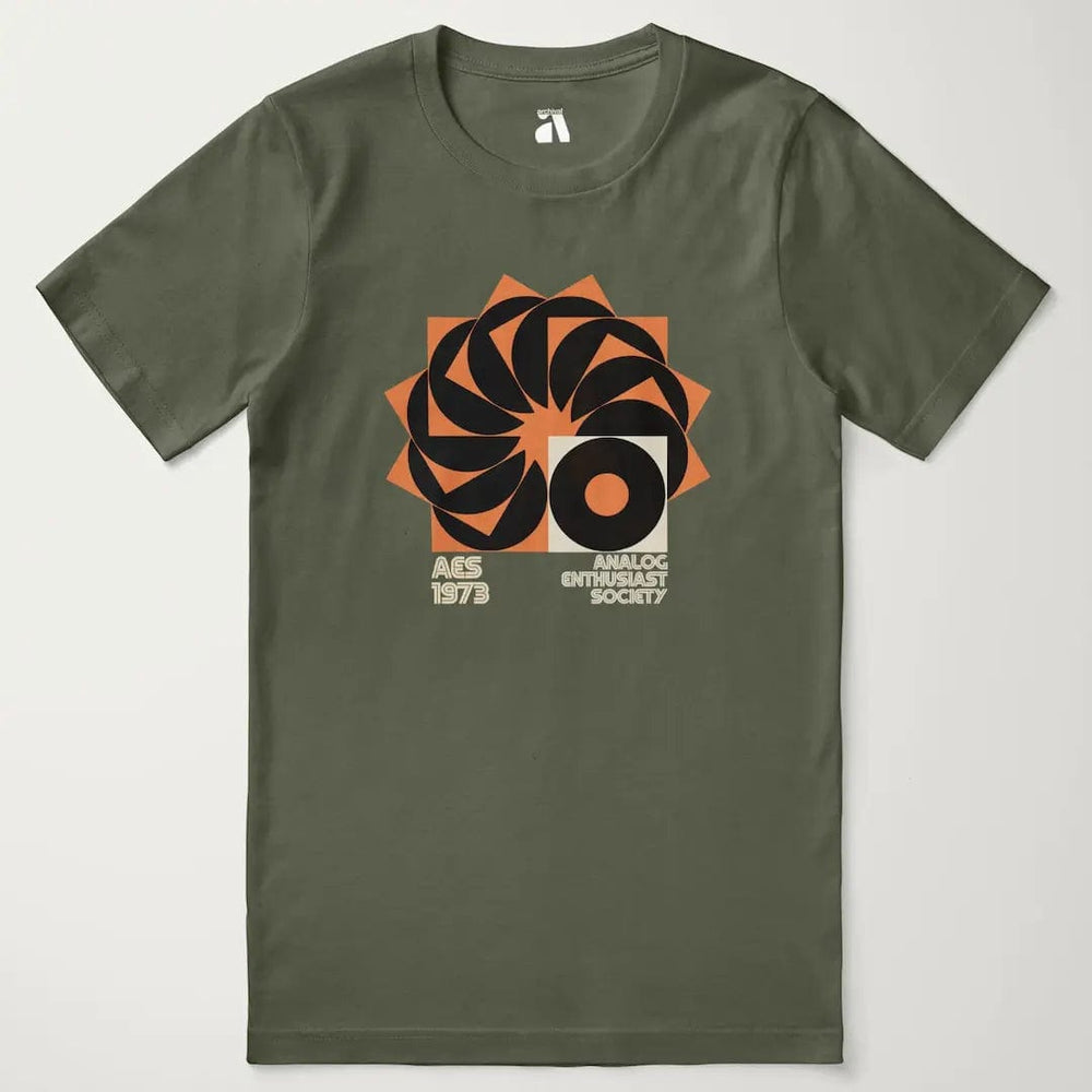 analog enthusiast society classic tee in military green, laid flat