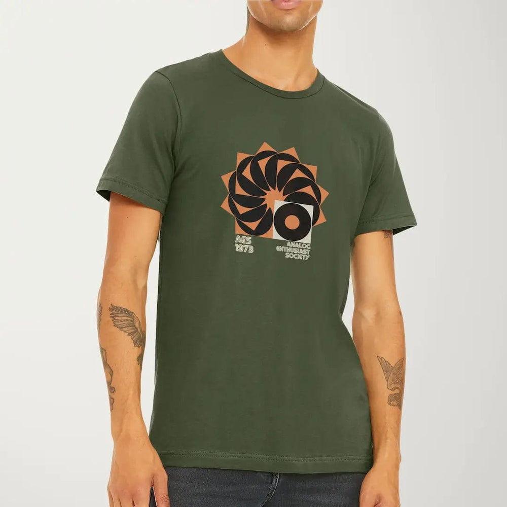 analog enthusiast society classic tee in military green, worn