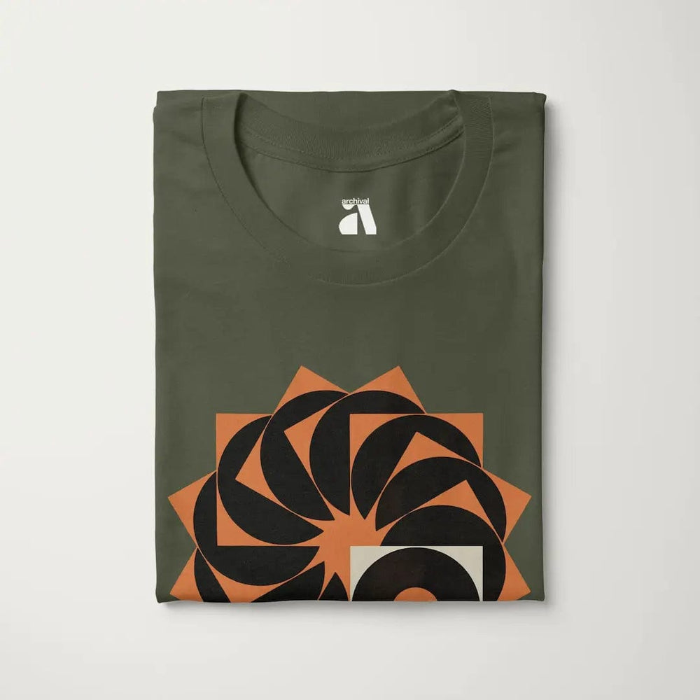 analog enthusiast society classic tee in military green, folded
