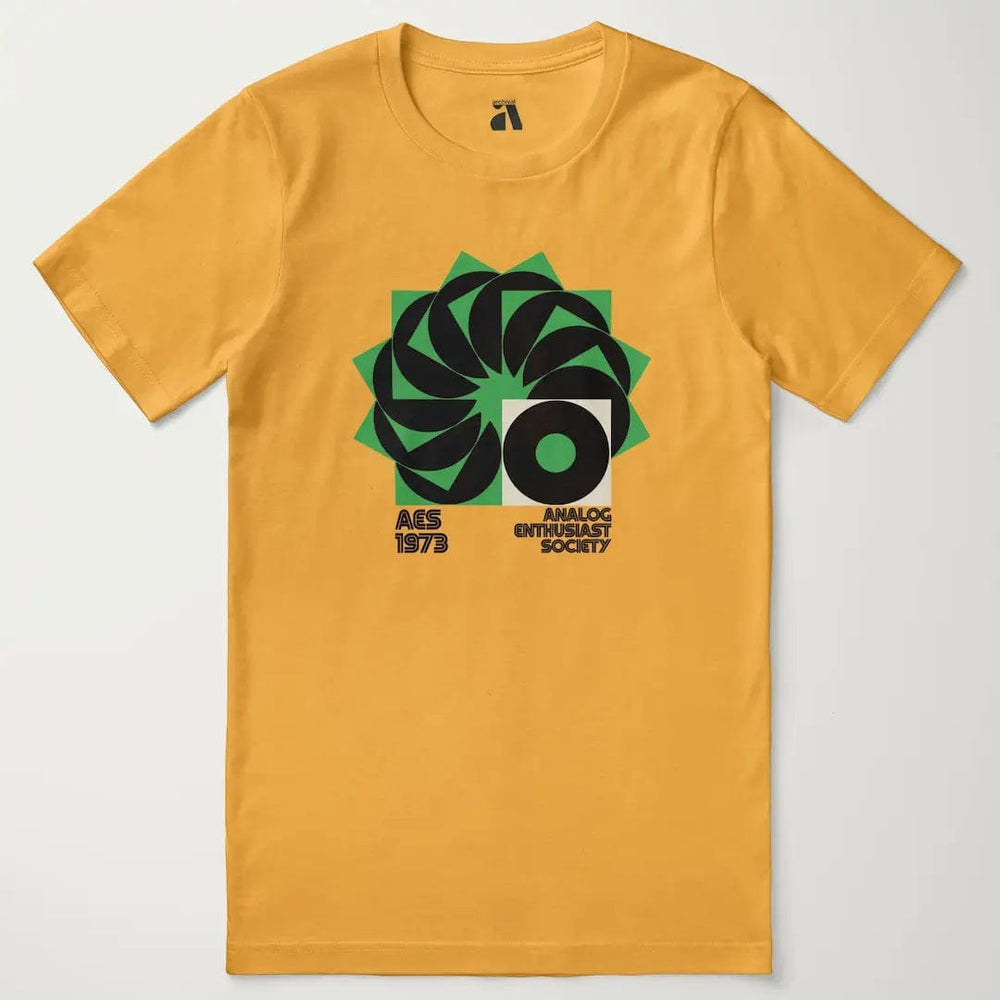 analog enthusiast society classic tee in mustard, laid flat
