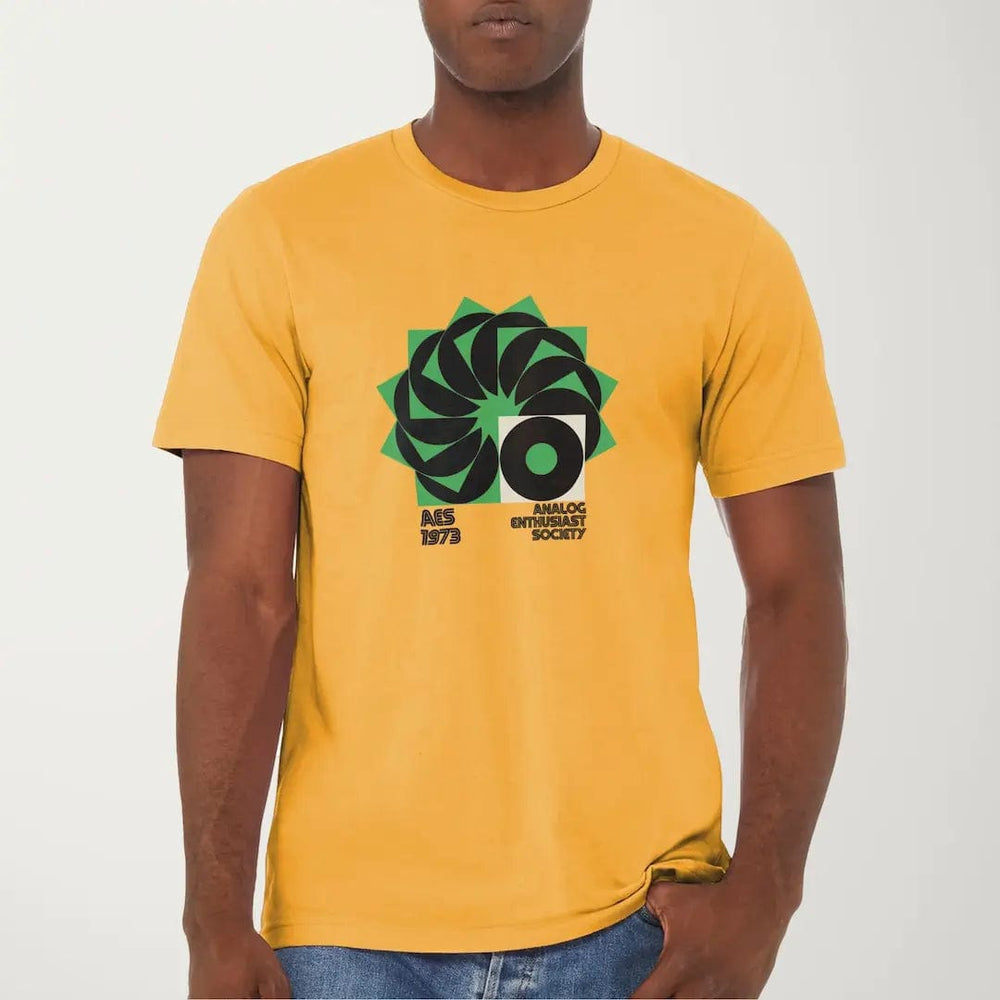 analog enthusiast society classic tee in mustard, worn