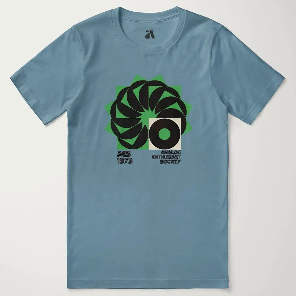 analog enthusiast society classic tee in steel blue, laid flat